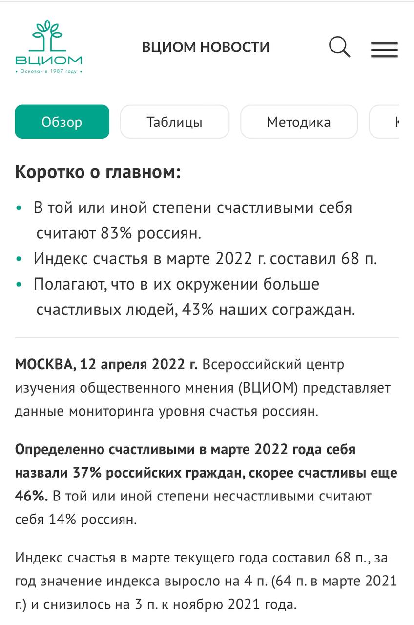 37% россиян считают себя счастливыми — ВЦИОМ image preview